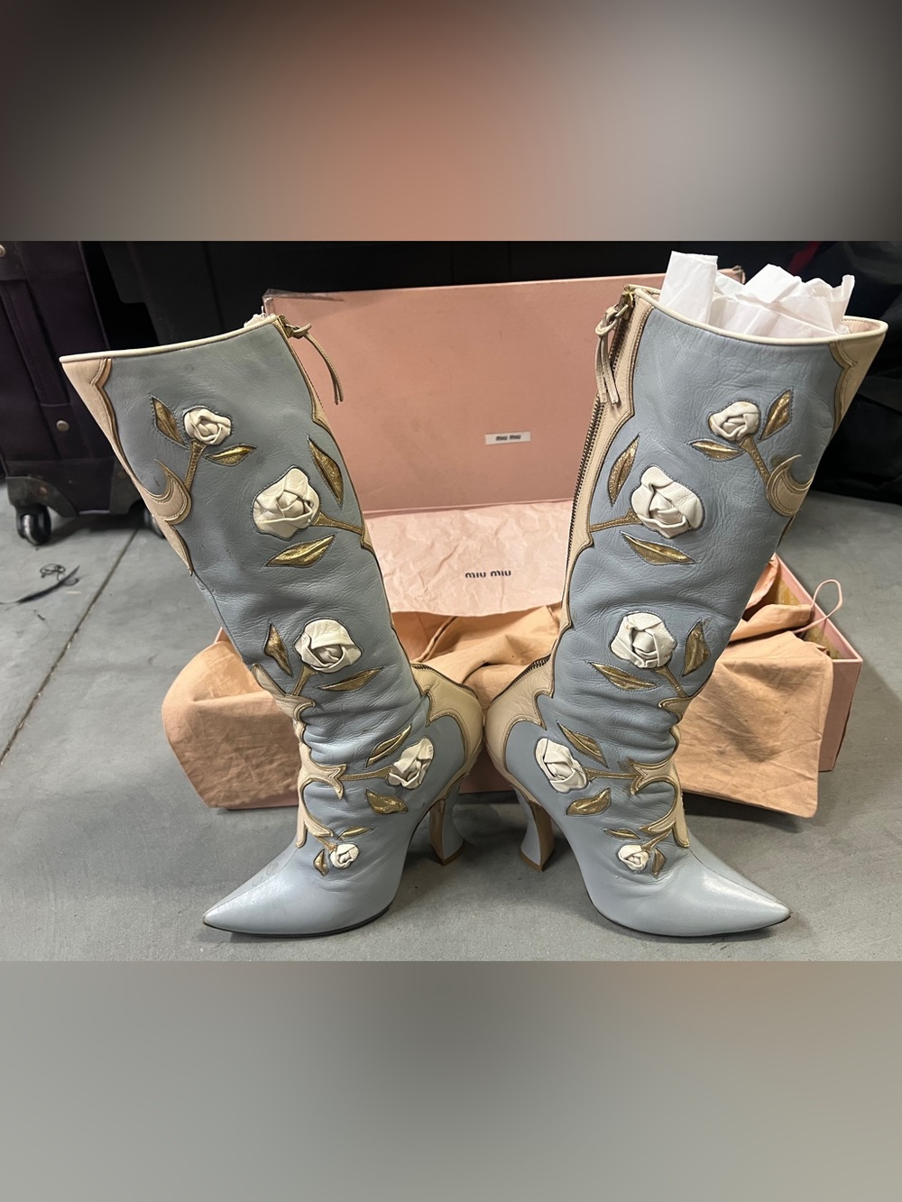 Miu Miu SS 2012 Runway Baby Blue Rose Appliqué  Pointed Toe Knee High Boots 39